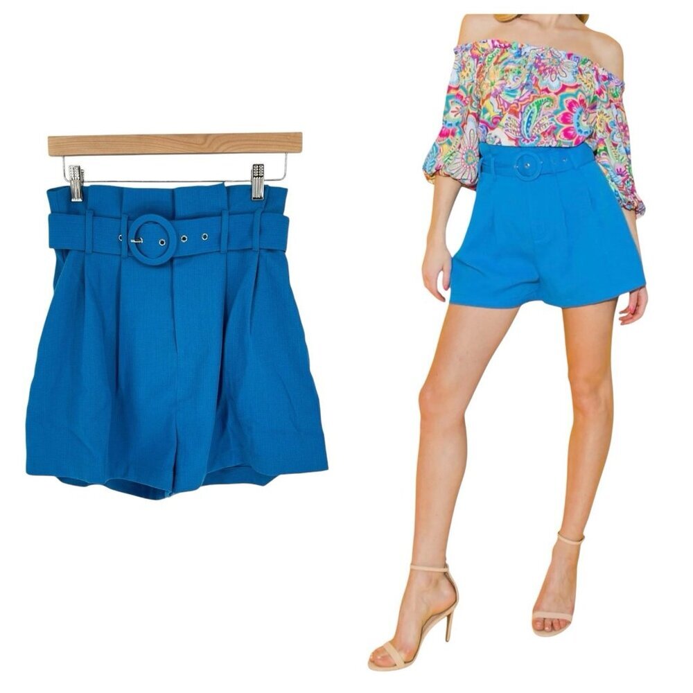 Flying Tomato Shorts High Rise Paper‎ Bag Woven Blue Belted Pockets Varies Sizes